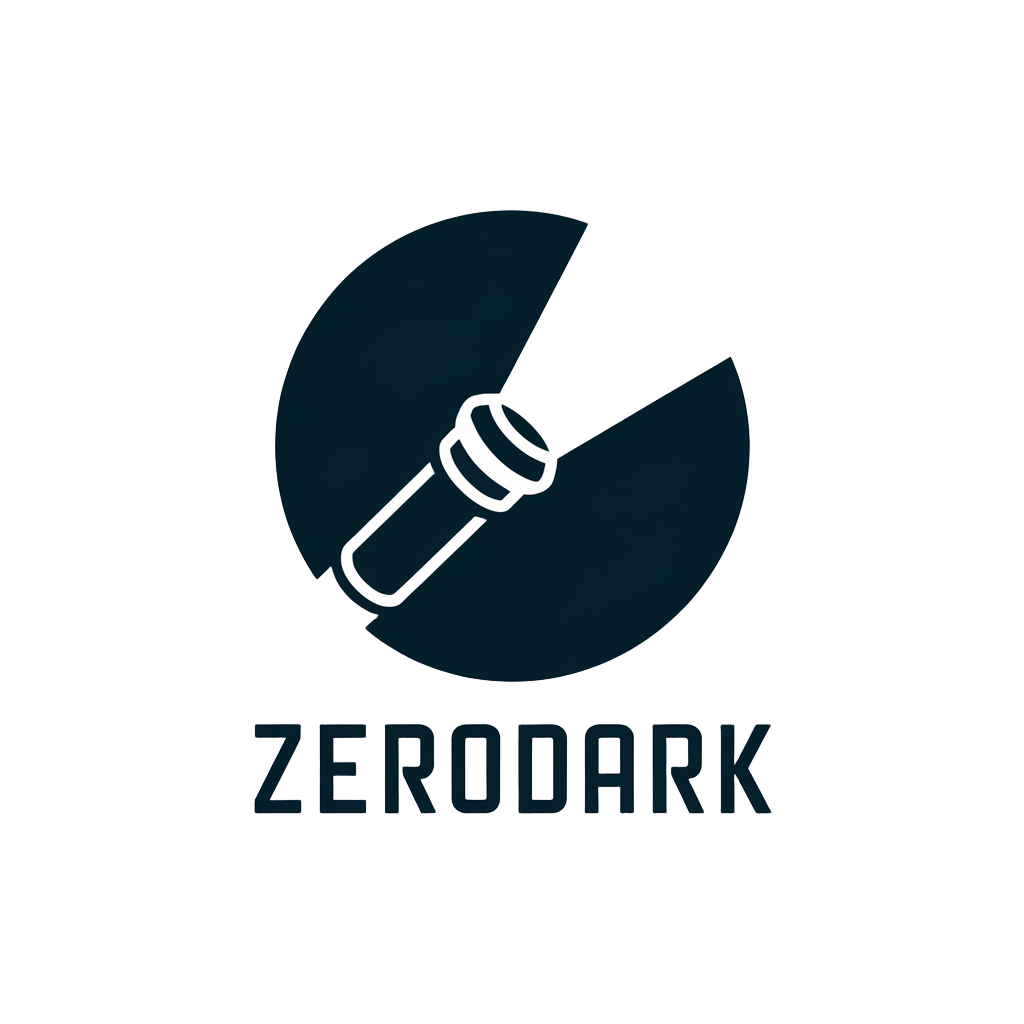 Logo for Zerodark featuring a flashlight beam illuminating a dark circle